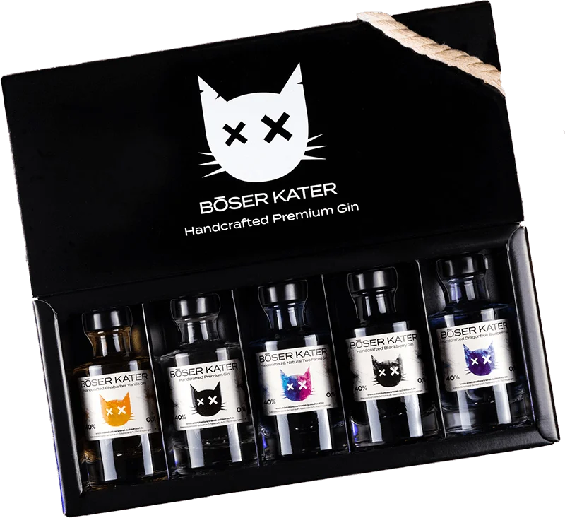 Böser Kater – 5er Gin Tasting Set (1x Blackberry Gin + 1x Two Faced Gin + 1x Rhubarb Vanilla Gin + Dragonfruit Blueberry Gin + 1x Premium Gin) – Bild 2