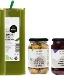DELINIO Manaki Olivenöl Vorratspaket (3x Bio Olivenöl 3l + 4x Oliven GRATIS)