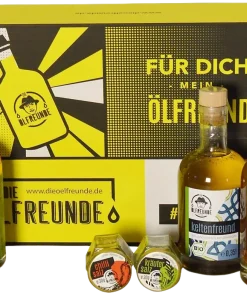 Geschenkbox Für dich mein Ölfreund (1x Knoblauchöl + 1x Kräuteröl + 1x Leindotteröl + 2x Salzmischung)