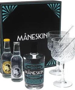 MÅNESKIN Gin Geschenkbox – Tasting Set (1x Dry Gin + 2x Tonic Water + 2x Kelchgläser + 2x Glas-Strohhalme)