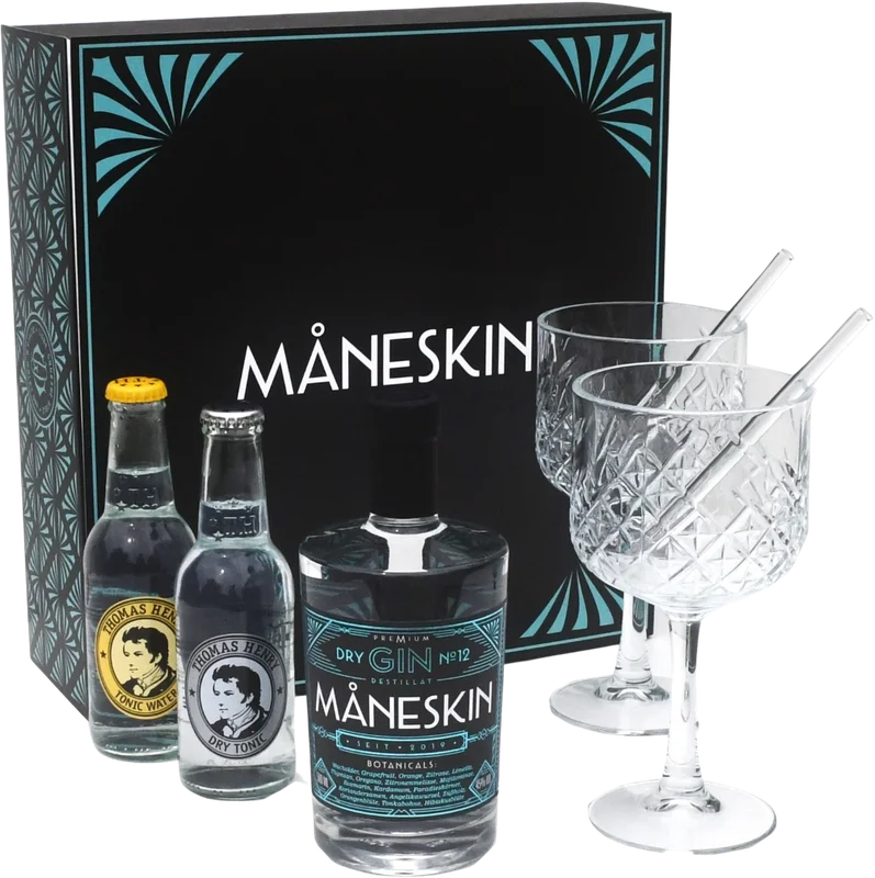 MÅNESKIN Gin Geschenkbox – Tasting Set (1x Dry Gin + 2x Tonic Water + 2x Kelchgläser + 2x Glas-Strohhalme) – Bild 2